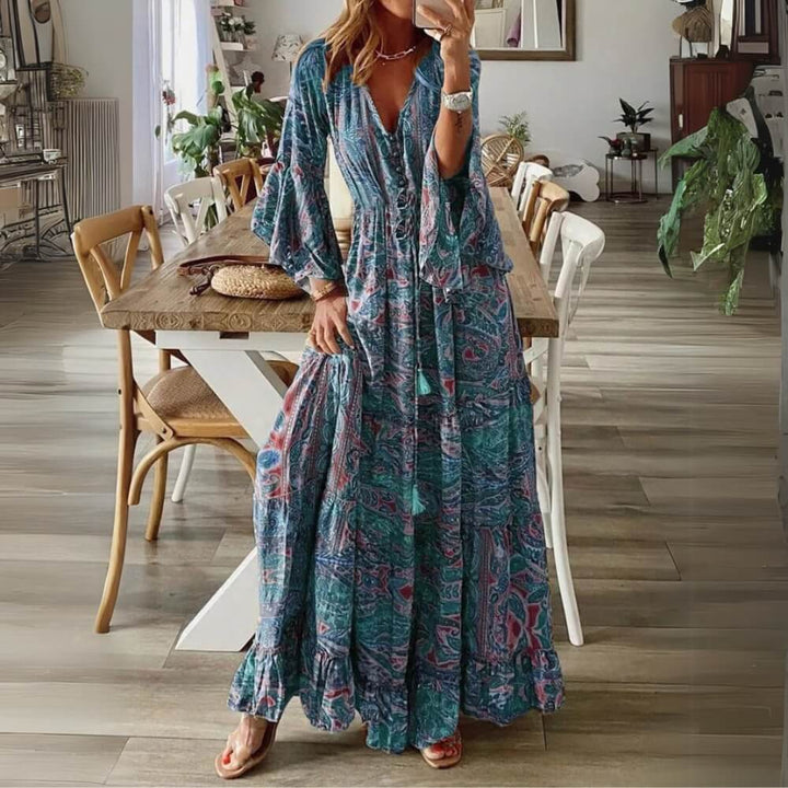 Maxikleid sommerlich elegant mit V-Ausschnitt und Rüschen – luftiger Boho-Look