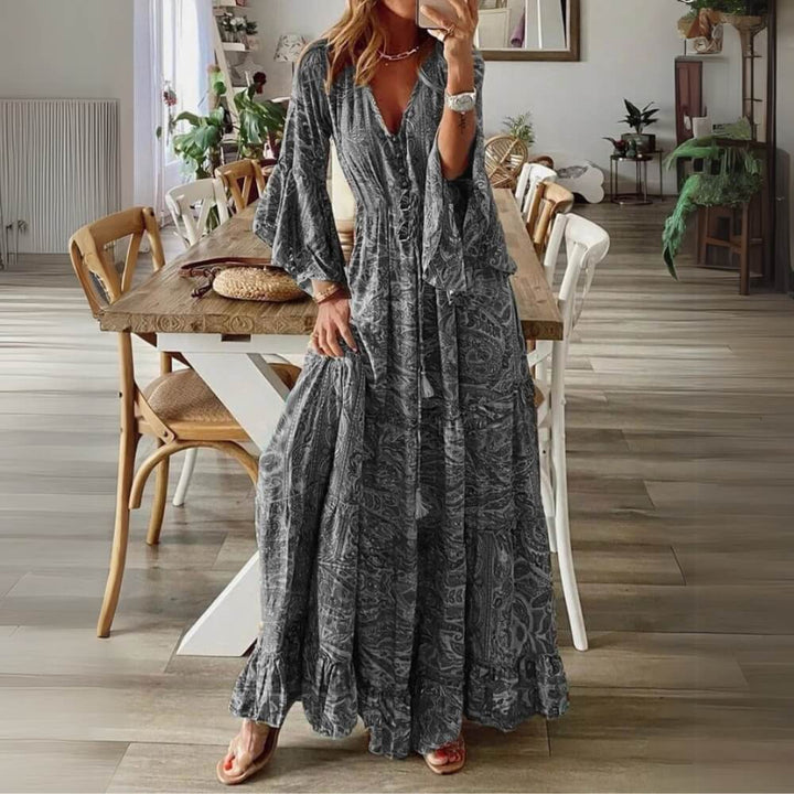 Maxikleid sommerlich elegant mit V-Ausschnitt und Rüschen – luftiger Boho-Look
