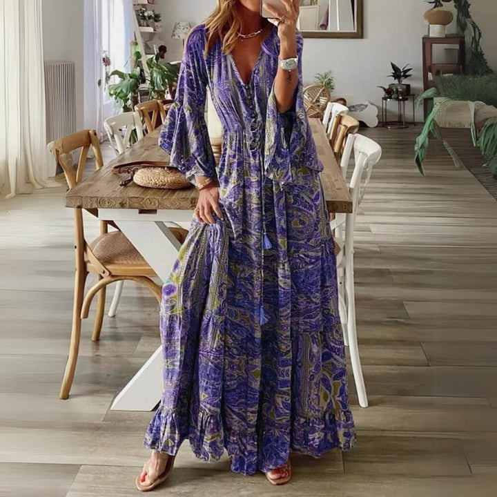 Maxikleid sommerlich elegant mit V-Ausschnitt und Rüschen – luftiger Boho-Look