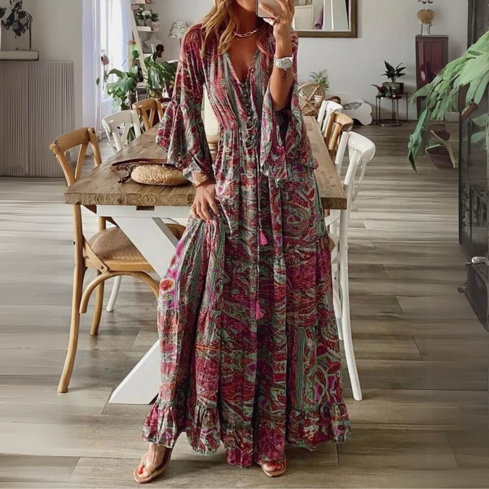 Maxikleid sommerlich elegant mit V-Ausschnitt und Rüschen – luftiger Boho-Look