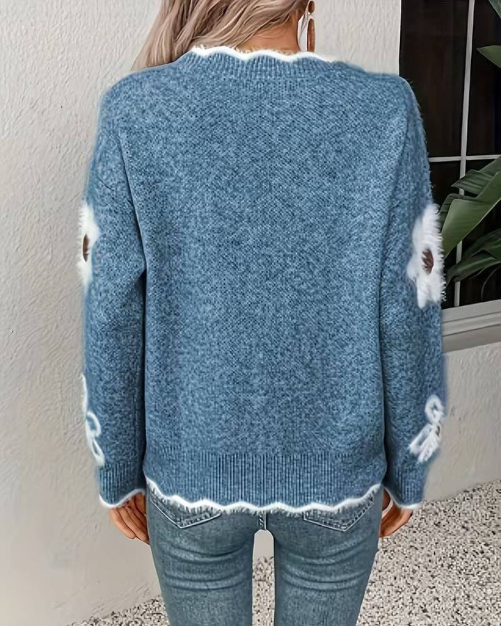 Elise™ - Pull Doux en Maille à Col V Fleuri