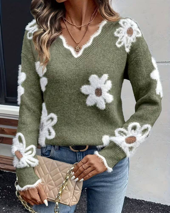 Elise™ - Pull Doux en Maille à Col V Fleuri