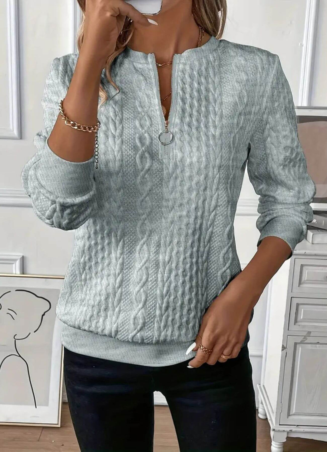 Mylène™ - Pull Confortable à Fermeture Éclair et Maille Torsadée