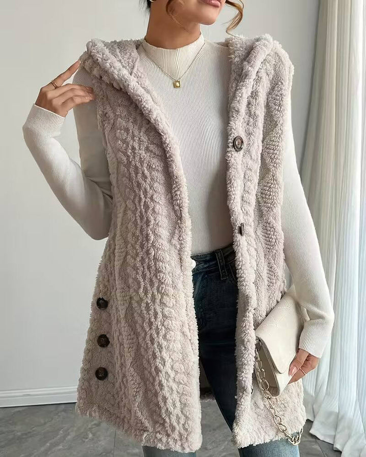 Olive™ – Gilet Long Sans Manches à Capuche Douce