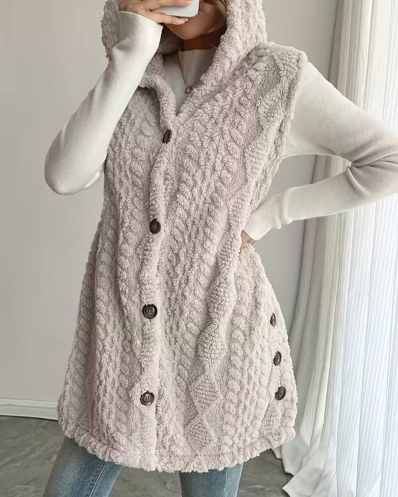 Olive™ – Gilet Long Sans Manches à Capuche Douce