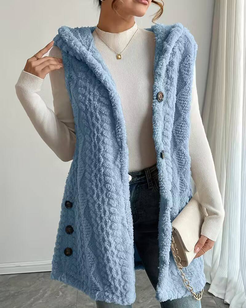 Olive™ – Gilet Long Sans Manches à Capuche Douce