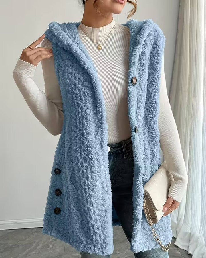 Olive™ – Gilet Long Sans Manches à Capuche Douce