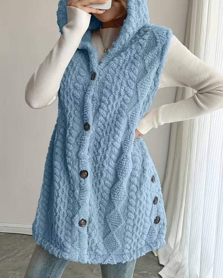 Olive™ – Gilet Long Sans Manches à Capuche Douce