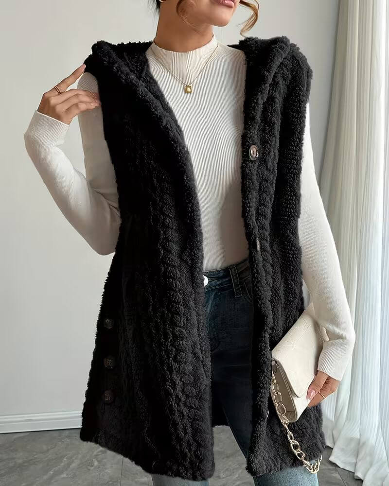 Olive™ – Gilet Long Sans Manches à Capuche Douce