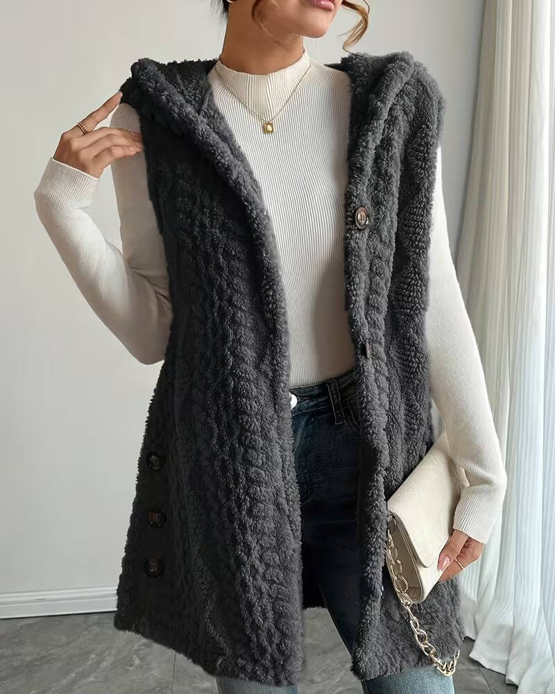 Olive™ – Gilet Long Sans Manches à Capuche Douce