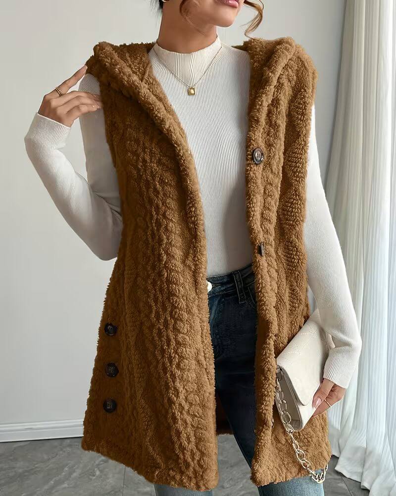 Olive™ – Gilet Long Sans Manches à Capuche Douce
