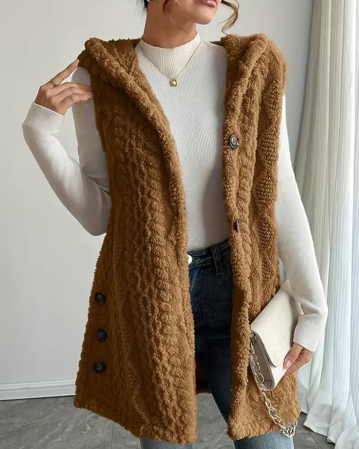 Olive™ – Gilet Long Sans Manches à Capuche Douce