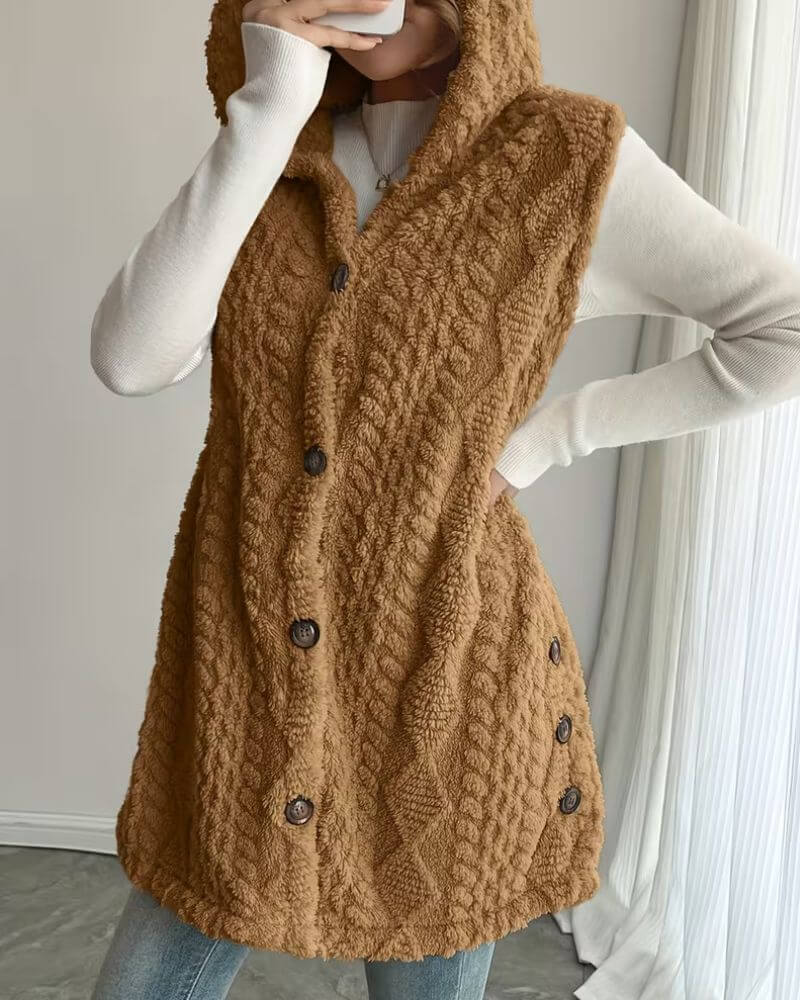 Olive™ – Gilet Long Sans Manches à Capuche Douce