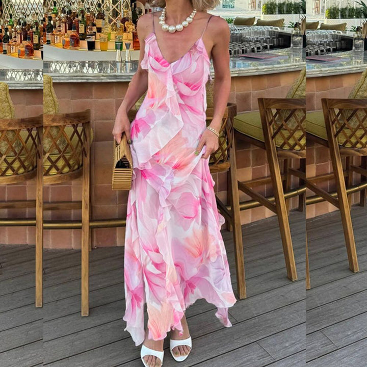 Elegantes rückenfreies Volantkleid lang für Sommer & Abend