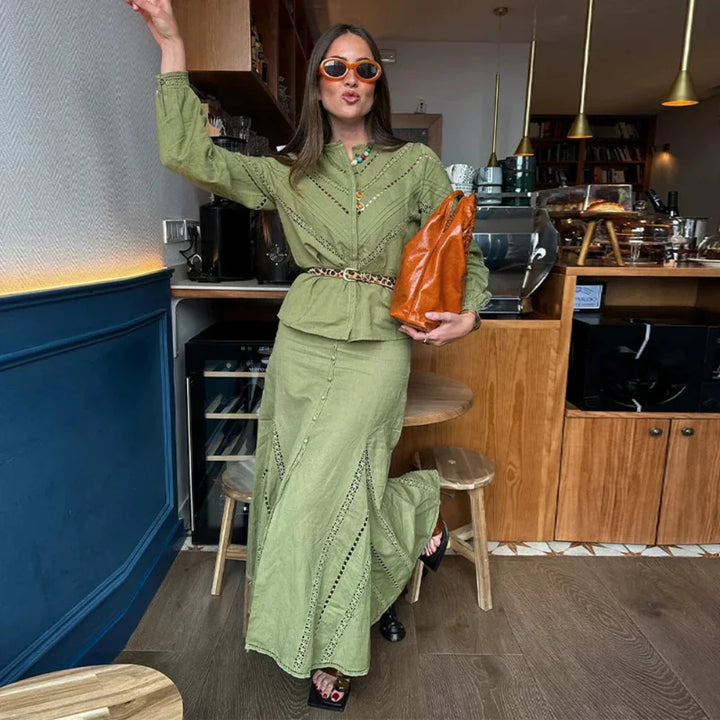 Elegantes Zweiteiler-Set für Damen mit Rock und Langarm-Bluse