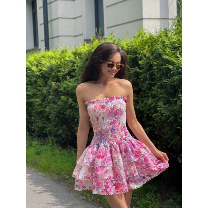 Sommerliches Blumen Kleid kurz schulterfrei für Freizeit & Urlaub